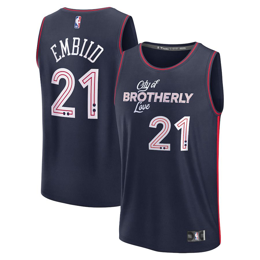 Men Philadelphia 76ers #21 Joel Embiid Fanatics Branded Navy City Edition 2023-24 Fast Break NBA Jersey